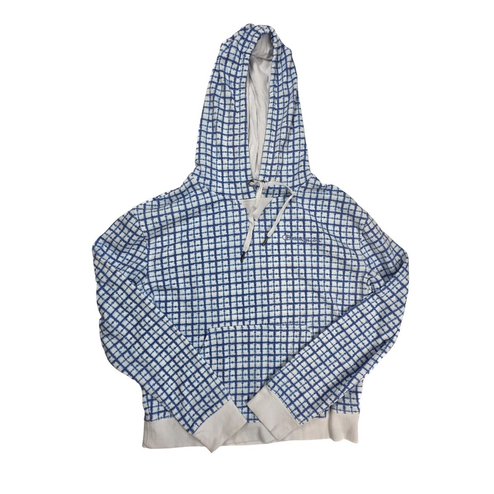 Champion Blue White Check Campus French Terry Hoodie Women's Size Medium